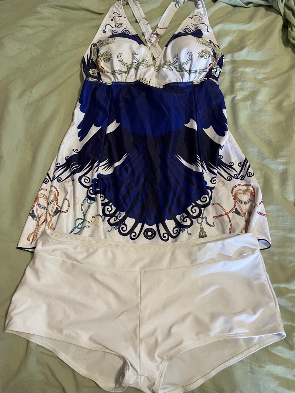 Blue & White Printed Tankini with White Swim Shorts